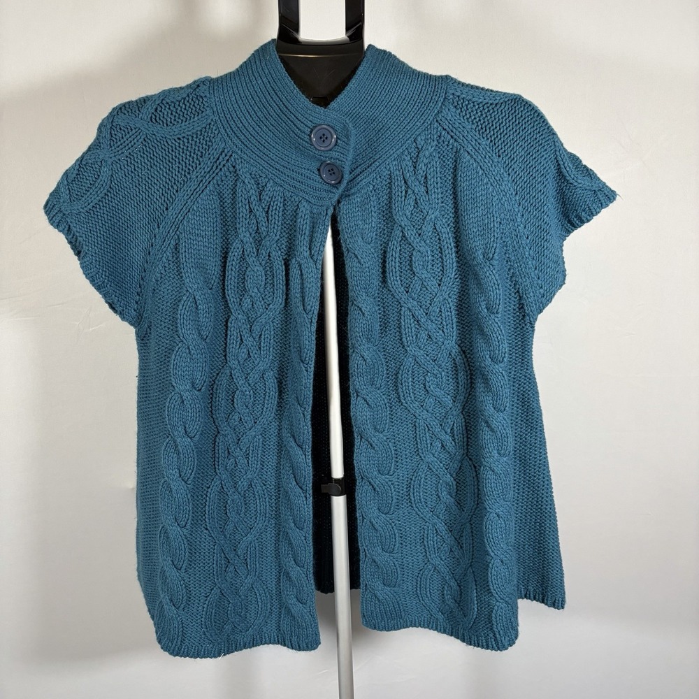 Womens XL Y2K Chunky Knit Blue Mock Neck Cardigan Button Fisherman Cottage VTG
